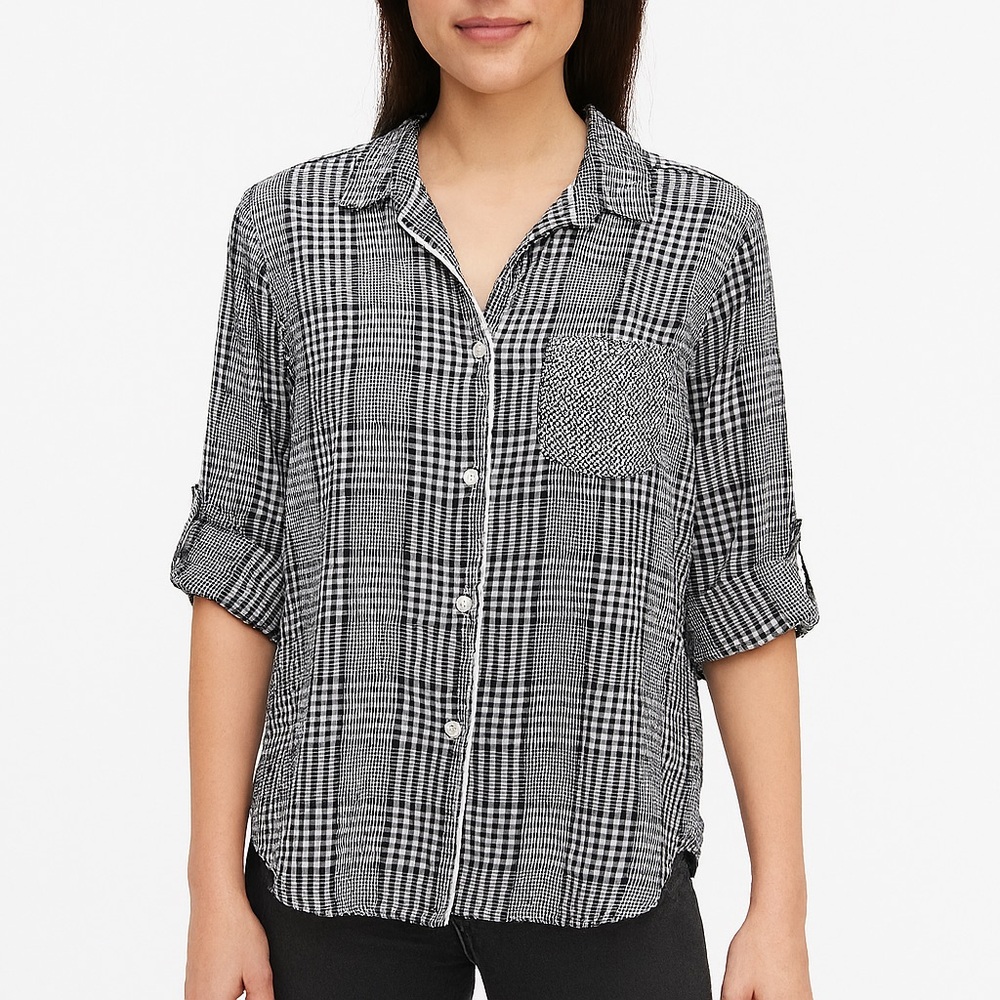 Victoria’s Secret Black White Micro Plaid Roll Sleeve Button Down PJ Top Medium